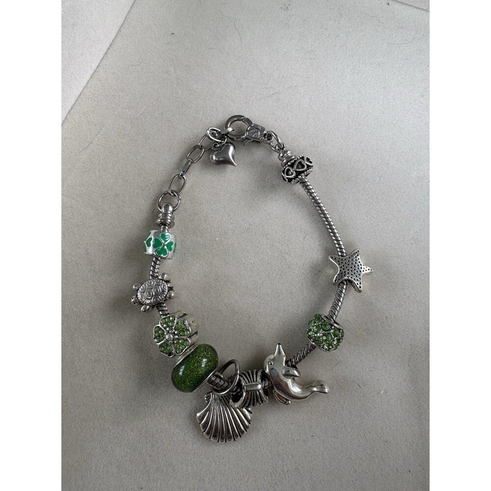 Green Ocean Charm Bracelet Sea Turtle Dolphin Starfish Glass Beads Silver Tone